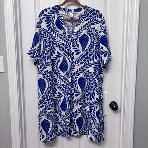 Blue & White Leaf Print Shift Dress | H&M Size L